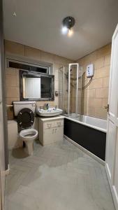 y baño con aseo, lavabo y ducha. en Charming 2Bedroom Retreat in Great Barr/Hamsted en Birmingham