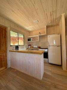 een keuken met een witte koelkast en houten wanden bij Cabaña gam.nav in Vichuquén