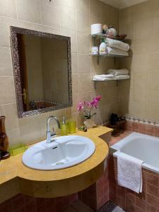 a bathroom with a sink and a tub and a mirror at Lala's apartment in Marrakesh