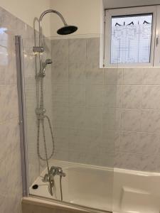 um chuveiro na casa de banho com uma cabeça de chuveiro em Maison proche Lyon Centrale du Bugey em Dagneux