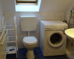 uma casa de banho com um WC e uma máquina de lavar roupa em Ferienhaus Lisa em Hooksiel