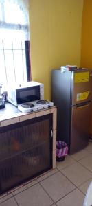 a kitchen with a stove and a refrigerator at Apartamentos HJJ in Puerto Limón