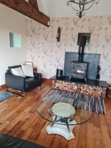 a living room with a fireplace and a couch at Romantic rural cottage, log burner, Sky tv early check in ,large gardens in Llangefni