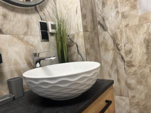 a bathroom with a large white bowl sink on a counter at Chata Elegant in Bešeňová