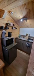eine Küche mit einem Herd und einem Waschbecken in einer Hütte in der Unterkunft Studio type chalet in Gérardmer