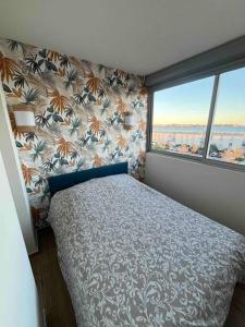 a bedroom with a bed and a large window at Joli appart/Vue étang/Clim /Wifi in Balaruc-les-Bains