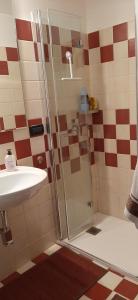 La salle de bains est pourvue d'une douche et d'un lavabo. dans l'établissement La Moretta Apartment, à Venise