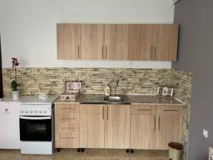 a kitchen with wooden cabinets and a sink and a stove at Stan na dan Goran Pale in Pale