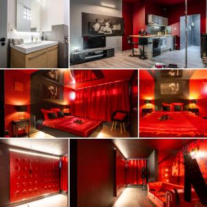 a collage of photos of a room with red walls at Cocon Sensuel - 50 Nuances - Les Cocons de Nath in Montbéliard