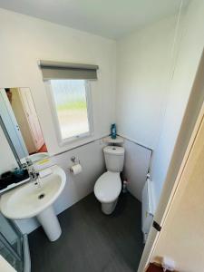 a bathroom with a white toilet and a sink at Fantasy Island Caravan Hire- Located at Fantasy Island- Eastgate Caravan Park, Sea Lane, Ingoldmells in Ingoldmells