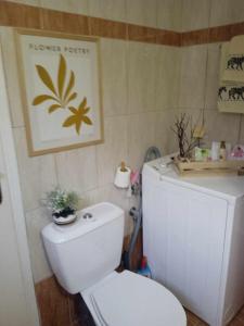 uma casa de banho com WC e uma fotografia na parede em Φιλόξενο σπίτι στο Λουτράκι! em Loutraki