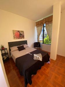 Galápagos Brunette Suites في بويرتو أيورا: غرفة نوم بسرير ونافذة كبيرة