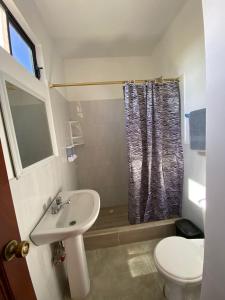 e bagno con lavandino, servizi igienici e doccia. di Galápagos Brunette Suites a Puerto Ayora