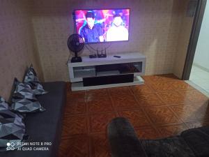 ein Wohnzimmer mit einem TV und einem Sofa in der Unterkunft A casa amarela in Cabo Frio