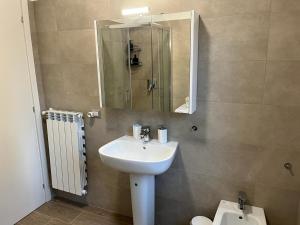 a bathroom with a sink and a mirror and a toilet at Appartamento La Lupa in Piacenza