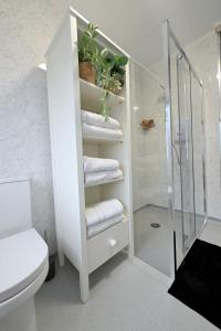 a white bathroom with a shower and a toilet at Home from home Retreat in The Hyde