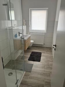 y baño con ducha, lavabo y aseo. en AlWi Appartements, en Moringen