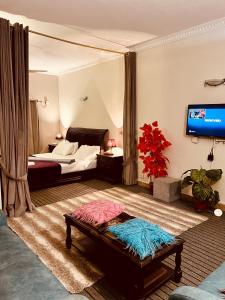um quarto de hotel com uma cama e uma televisão em LUXURY service APARTMENT F-10 Studio - Penthouse em Islamabad