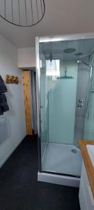 La salle de bains est pourvue d'une douche en verre et d'un lavabo. dans l'établissement Entre les places, avec Parking Gratuit, à Arras