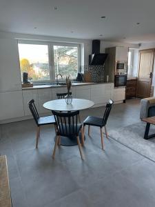 - une cuisine avec une table et des chaises dans la chambre dans l'établissement Appart lac lamartine, à Aix-les-Bains