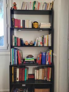 a book shelf filled with books next to a window at Maison familiale au calme in Le Blanc-Mesnil
