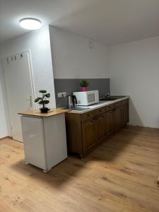 a kitchen with a counter top with a microwave at Souterrainwohnung Offenburg in Offenburg