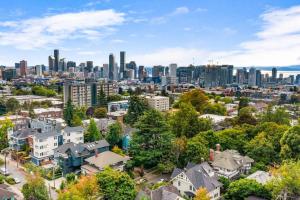 an aerial view of a city with buildings at Cozy Oasis in the heart of Capitol Hill in Seattle