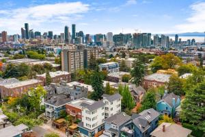 an aerial view of a city with buildings at Cozy Oasis in the heart of Capitol Hill in Seattle