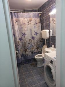 a bathroom with a toilet and a shower curtain at Apartman Diva in Belgrade