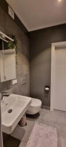 a bathroom with a white sink and a toilet at Albatross Green Apartment in Ķesterciems +6 photos