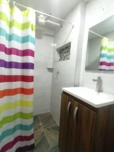 ein Bad mit einem Waschbecken und einem Duschvorhang in der Unterkunft Comodidad y tranquilidad in Ibagué