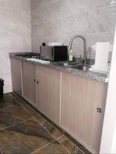 eine Küchentheke mit einer Spüle und einer Mikrowelle in der Unterkunft Comodidad y tranquilidad in Ibagué