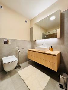 a bathroom with a sink and a toilet and a mirror at Hotel Tyrapol - Smrek Apartments in Oravská Lesná