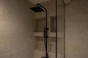 a shower with a glass door in a bathroom at Μikri Arktos Boutique Hotel in Dhimitsana