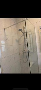 La salle de bains est pourvue d'une douche et d'une porte en verre. dans l'établissement Kinsale B&B, à Scilly