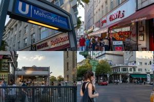 a collage of photos of a city street with people at bevoflats - Stilvolles Souterrain am Mehringdamm in Berlin