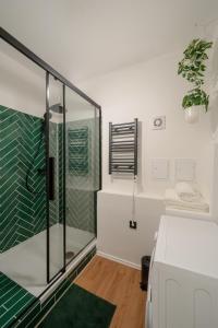 a bathroom with a shower and a green rug at bevoflats - Stilvolles Souterrain am Mehringdamm in Berlin