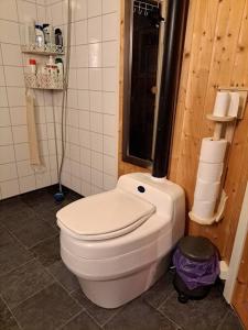 a bathroom with a white toilet in a room at Hytte paradis i Kviby in Kviby