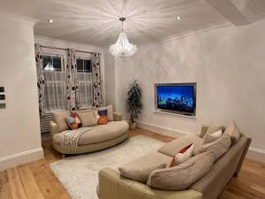 a living room with two couches and a flat screen tv at Cosy home in Greenwich in London