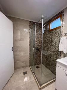 uma casa de banho com um chuveiro e uma porta de vidro em Smeštaj Milinković em Kovanluk