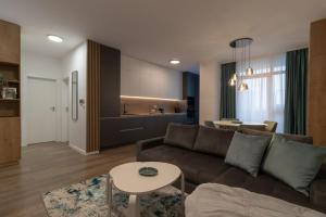 ein Wohnzimmer mit einem braunen Sofa und einer Küche in der Unterkunft Joy City Stay Nord One N2-66 in Timişoara