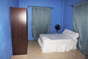 a small bedroom with a bed and blue walls at Paradise Apartment in Castries