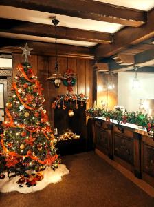 a christmas tree in a room with a fireplace at Mosel Boutique in Bruttig-Fankel