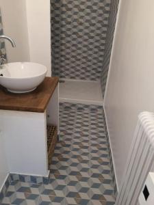 ein Bad mit einem Waschbecken und einer Dusche in der Unterkunft Lumineux,chic, appartement Haussmannien de 50 m2 in Clichy