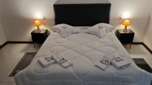 1 dormitorio con 1 cama blanca grande con almohadas en Estalagem Floradas da Serra en São Joaquim