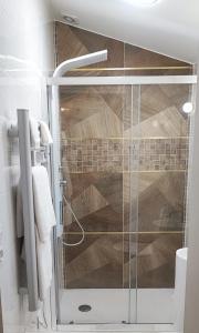 La salle de bains est pourvue d'une douche avec une porte en verre. dans l'établissement La Green Room, à Poitiers