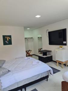 a bedroom with a bed and a flat screen tv at Estalagem Floradas da Serra in São Joaquim