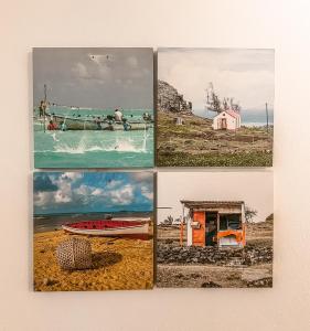 eine Collage mit Fotos von einem Strand und einem Boot in der Unterkunft La villa detente - Une experience authentique in Rodrigues Island