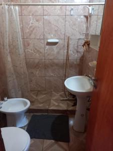 a bathroom with a sink and a toilet and a shower at LA CABAÑA DE SERGIO in Gobernador Roca