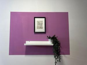 a purple wall with a shelf and a plant at Spacious Mini Partition Room Near Emirates Mall in Dubai